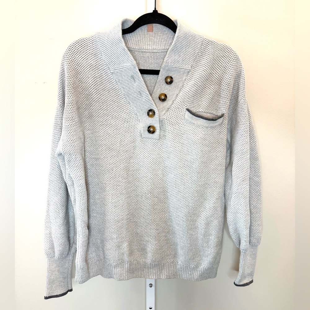 Men’s Lunya Light Gray Cotton Silk Pocket Henley Knitted Sweater Pullover Small